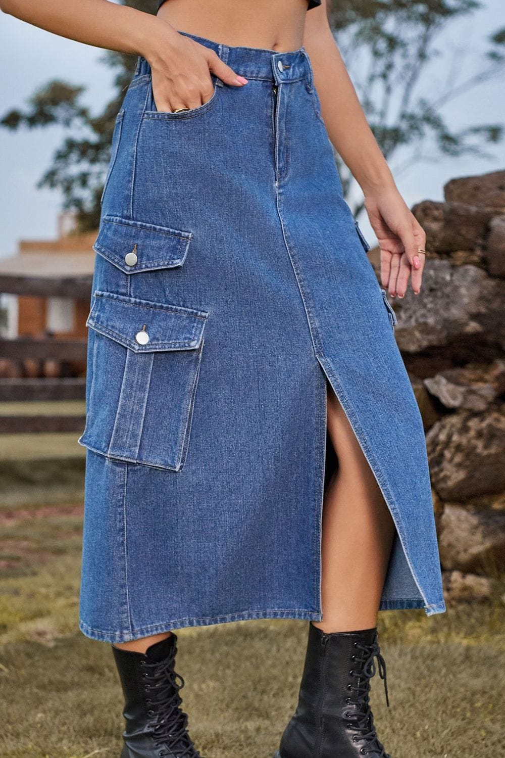 Slit Front Midi Denim Skirt with Pockets - Body By J'ne