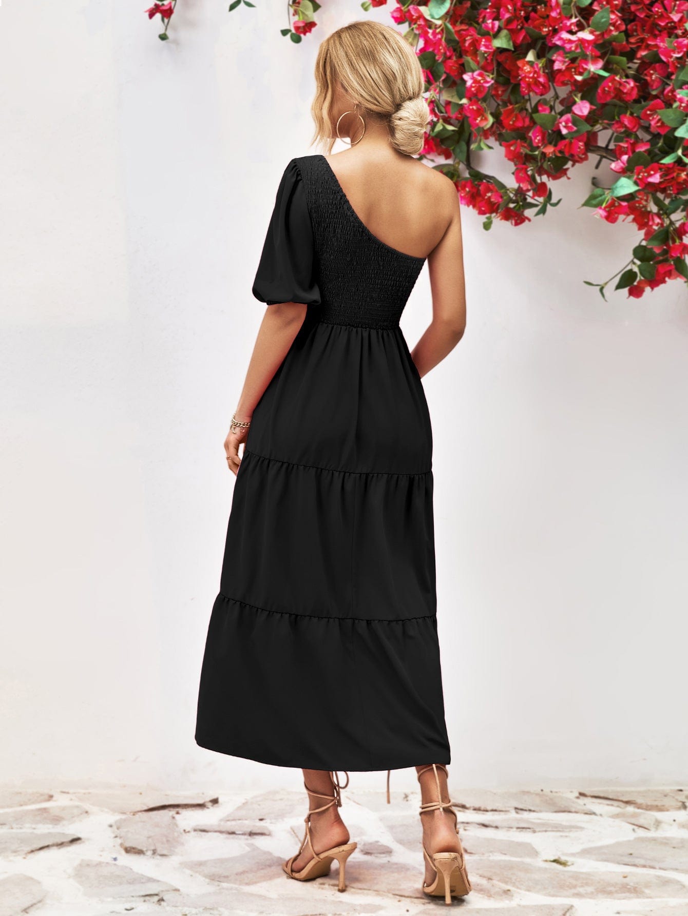 one shoulder smock dress Smocked One-Shoulder Midi Dress Janettuck