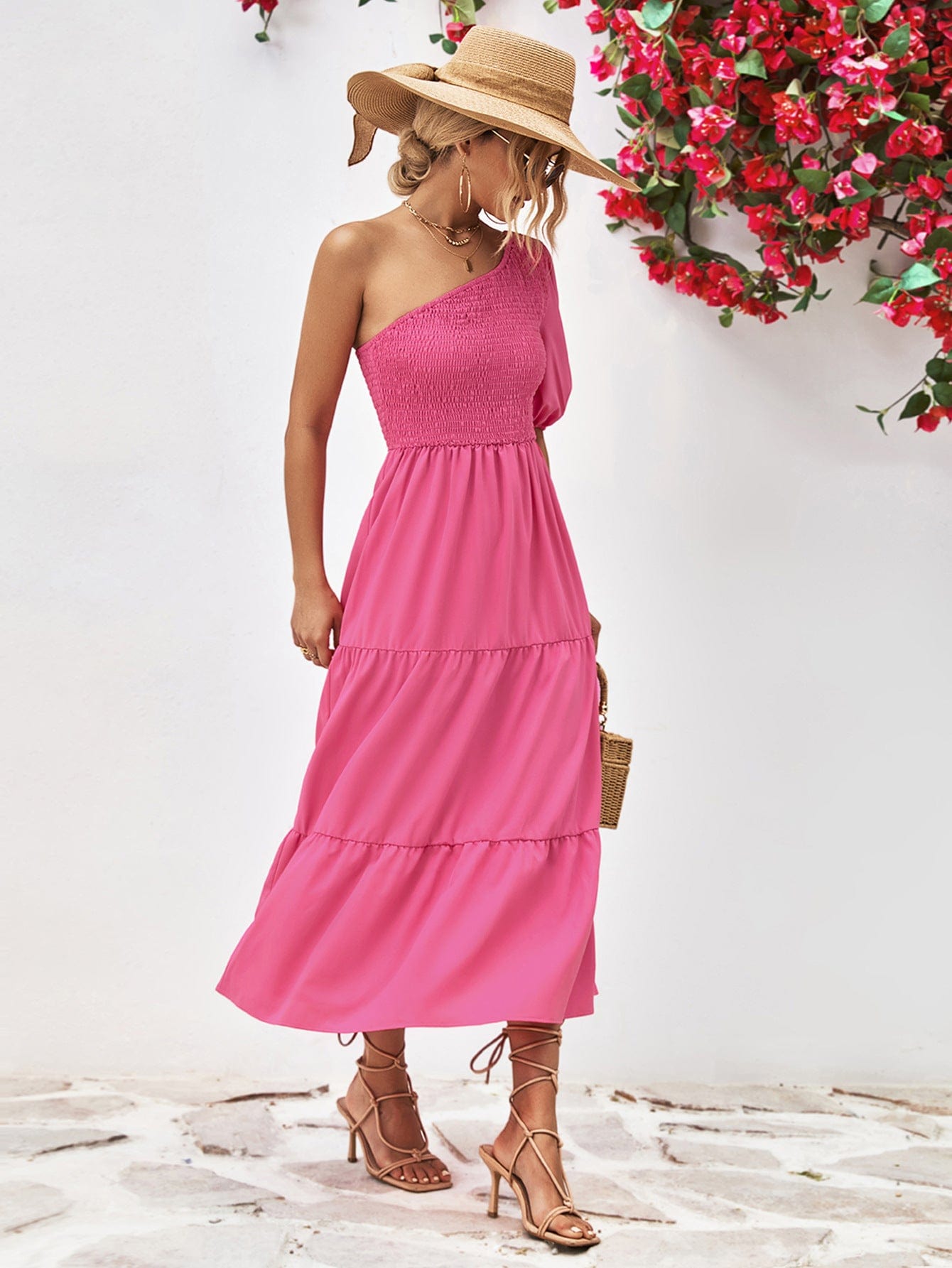 smocked one shoulder dress Clean Slate One-Shoulder Smocked Midi Dress Sage