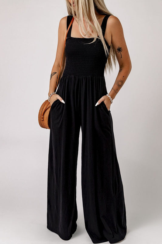 Smocked Square Neck Wide Leg Jumpsuit with Pockets - Body By J'ne