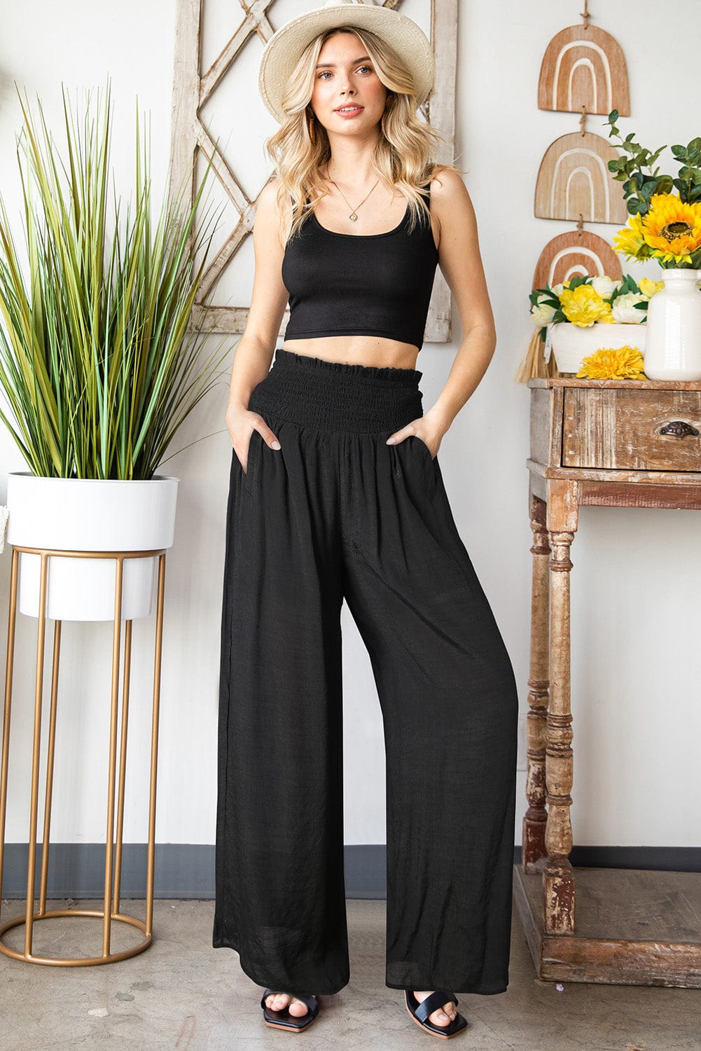 Smocked Waist Wide Leg Pants with Pockets - Body By J'ne