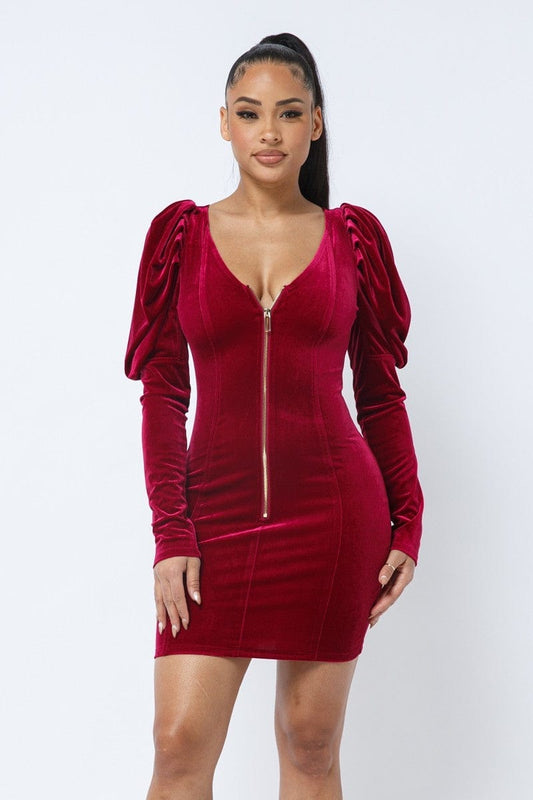 Soft Velvet Pleated Puff Sleeve Low V Neck Front And Back Mini Dress - Body By J'ne