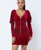 Soft Velvet Pleated Puff Sleeve Low V Neck Front And Back Mini Dress - Body By J'ne