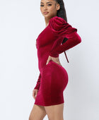 Soft Velvet Pleated Puff Sleeve Low V Neck Front And Back Mini Dress - Body By J'ne