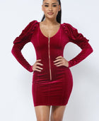 Soft Velvet Pleated Puff Sleeve Low V Neck Front And Back Mini Dress - Body By J'ne