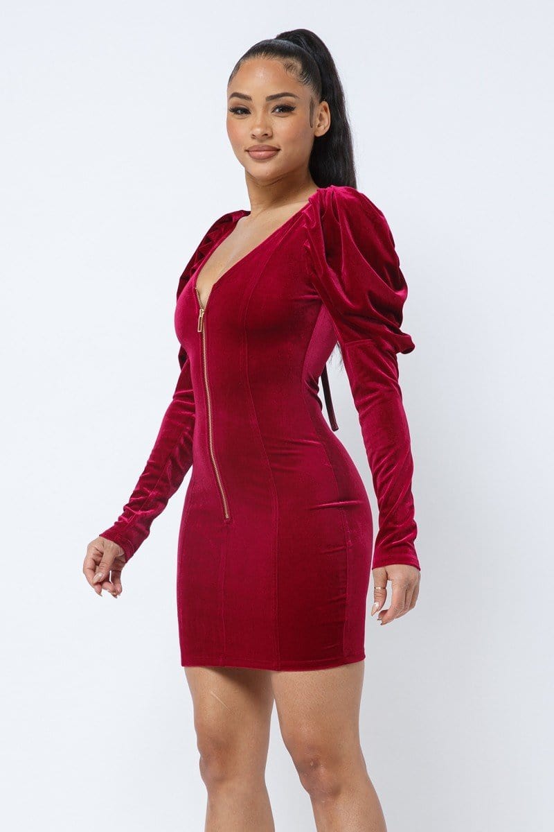 Soft Velvet Pleated Puff Sleeve Low V Neck Front And Back Mini Dress - Body By J'ne