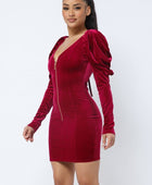 Soft Velvet Pleated Puff Sleeve Low V Neck Front And Back Mini Dress - Body By J'ne