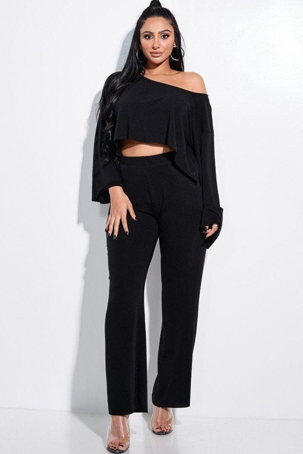 Solid French Terry Long Slouchy Long Sleeve Top And Pants With Pockets Two Piece Set - Body By J'ne