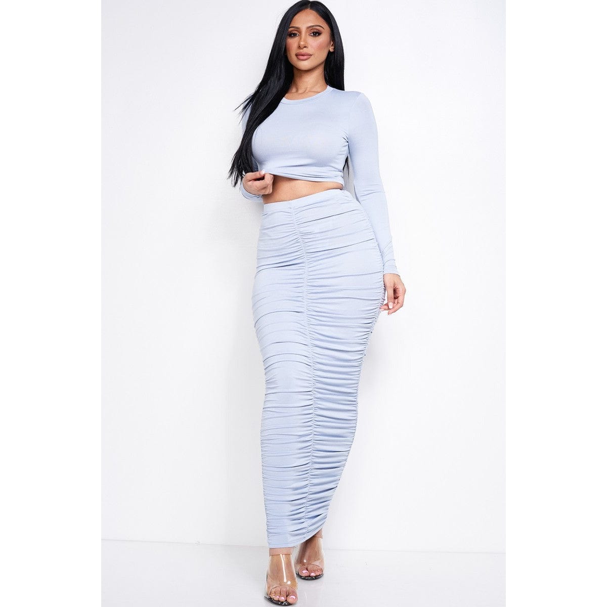 Solid Heavy Rayon Spandex Long Sleeve Cropped Top And Ruched Maxi Skirt Two Piece Set - Body By J'ne
