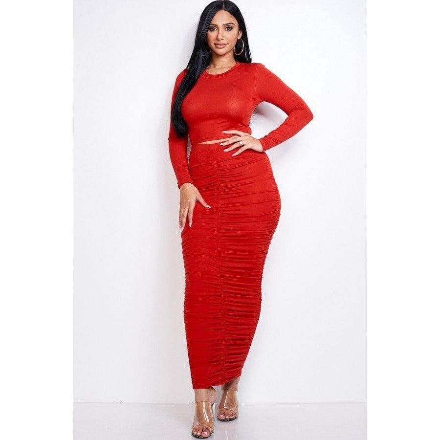 Solid Heavy Rayon Spandex Long Sleeve Cropped Top And Ruched Maxi Skirt Two Piece Set - Body By J'ne