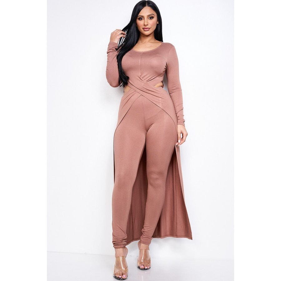 Solid Heavy Rayon Spandex Long Sleeve Crossed Over Long Top And Leggings 2 Piece Set - Body By J'ne