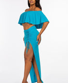 Solid Ity Off The Shoulder Ruffled Cropped Top And Ruched Maxi Skirt Two Piece Set - Body By J'ne