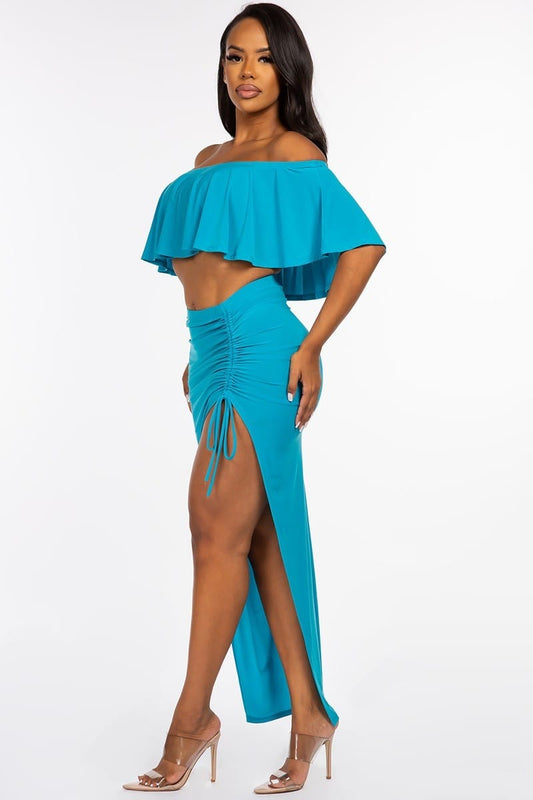 Solid Ity Off The Shoulder Ruffled Cropped Top And Ruched Maxi Skirt Two Piece Set - Body By J'ne