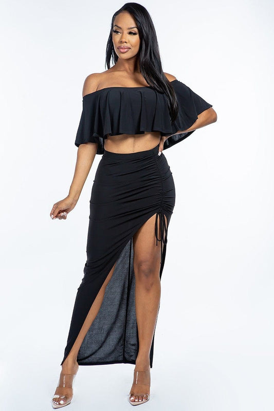 Solid Ity Off The Shoulder Ruffled Cropped Top And Ruched Maxi Skirt Two Piece Set - Body By J'ne