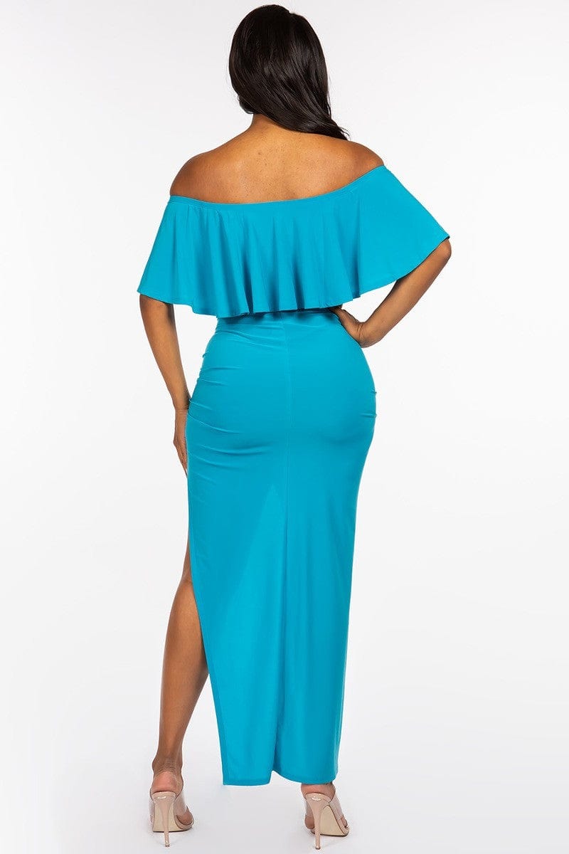 Solid Ity Off The Shoulder Ruffled Cropped Top And Ruched Maxi Skirt Two Piece Set - Body By J'ne