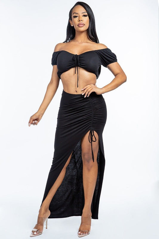 Solid Ruched Front Off The Shoulder Short Sleeve Cropped Top And Side Ruched Asymmetrical Skirt Two Piece Set - Body By J'ne