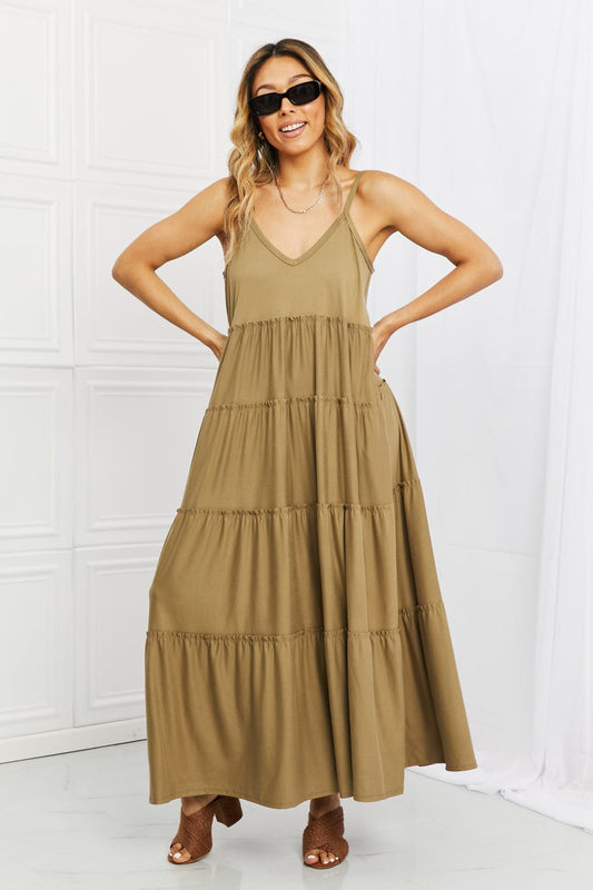 Spaghetti Strap Tiered Dress with Pockets in Khaki - Body By J'ne