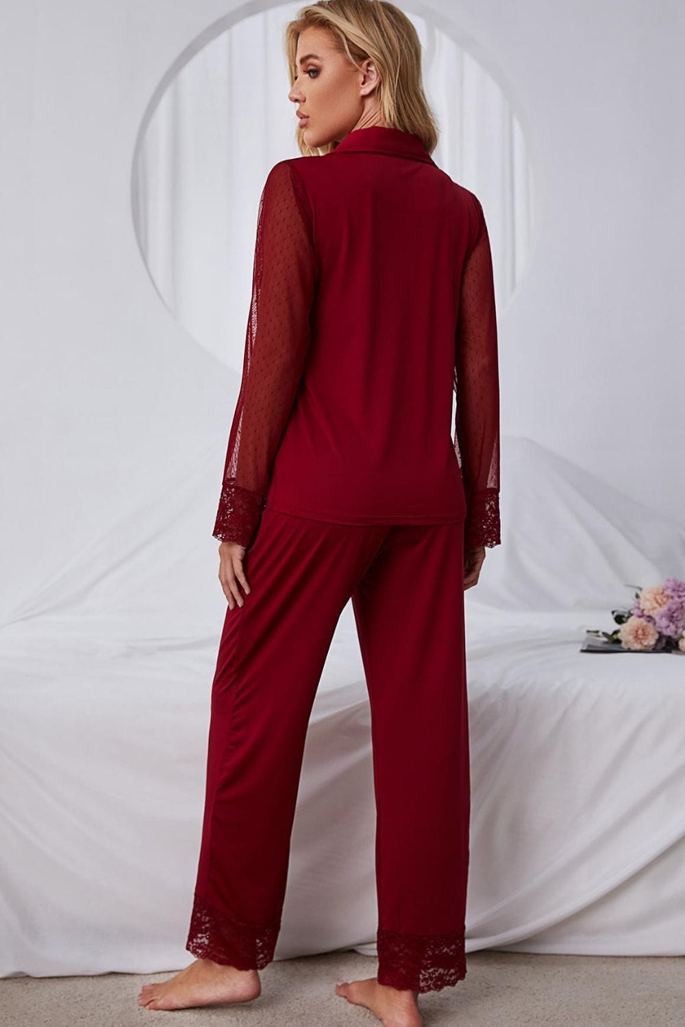 Spliced Lace Lapel Collar Pajama Set - Body By J'ne