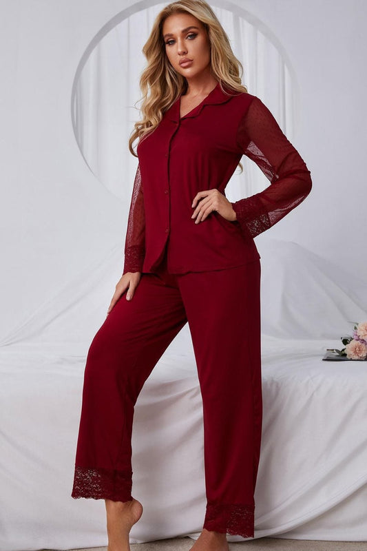 Spliced Lace Lapel Collar Pajama Set - Body By J'ne