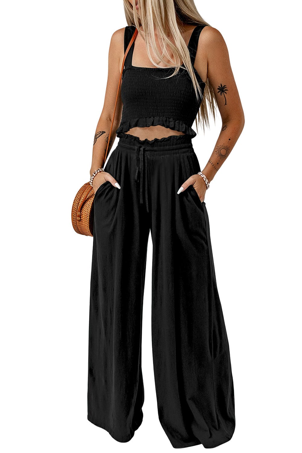 Square Neck Cropped Tank Top and Long Pants Set - Body By J'ne