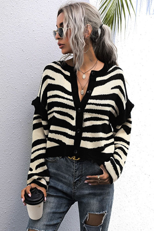 Striped Button-Down Round Neck Drop Shoulder Cardigan - Body By J'ne