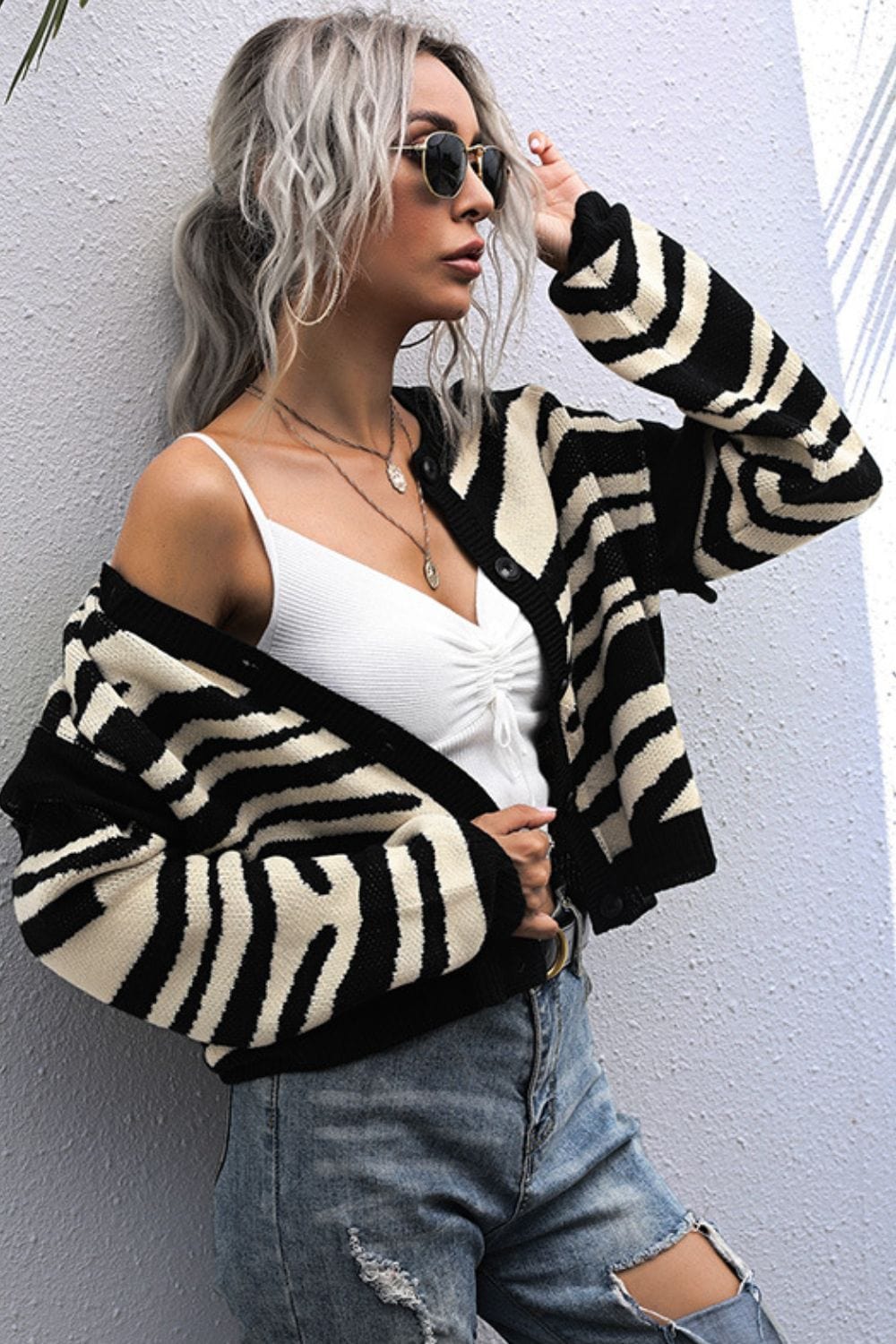 Striped Button-Down Round Neck Drop Shoulder Cardigan - Body By J'ne