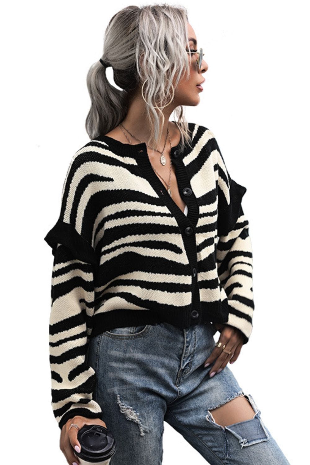 Striped Button-Down Round Neck Drop Shoulder Cardigan - Body By J'ne