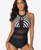 Striped Cutout Spliced Mesh Halter Neck One-Piece Swimsuit - Body By J'ne