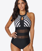 Striped Cutout Spliced Mesh Halter Neck One-Piece Swimsuit - Body By J'ne