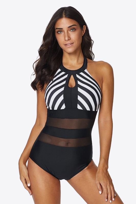 Striped Cutout Spliced Mesh Halter Neck One-Piece Swimsuit - Body By J'ne