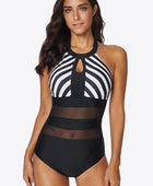 Striped Cutout Spliced Mesh Halter Neck One-Piece Swimsuit - Body By J'ne