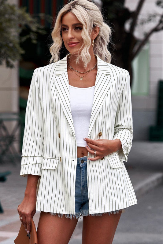 Striped Double-Breasted Long Sleeve Blazer - Body By J'ne