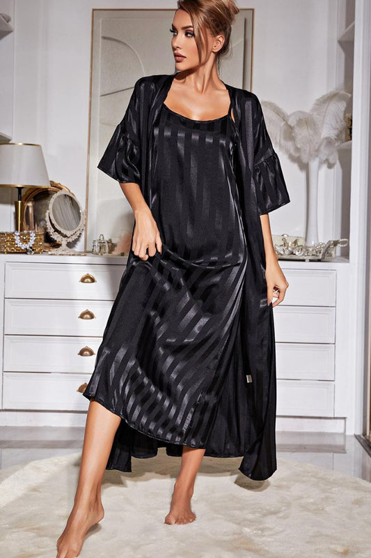 Striped Flounce Sleeve Open Front Robe and Cami Dress Set - Body By J'ne