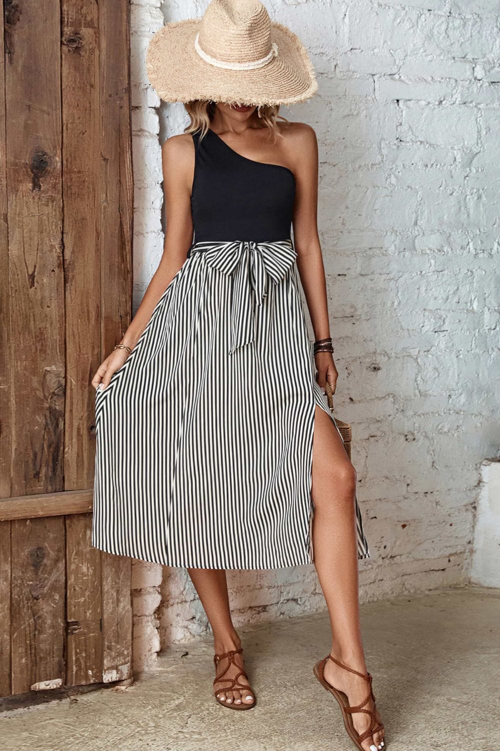 Striped One-Shoulder Slit Dress - Body By J'ne