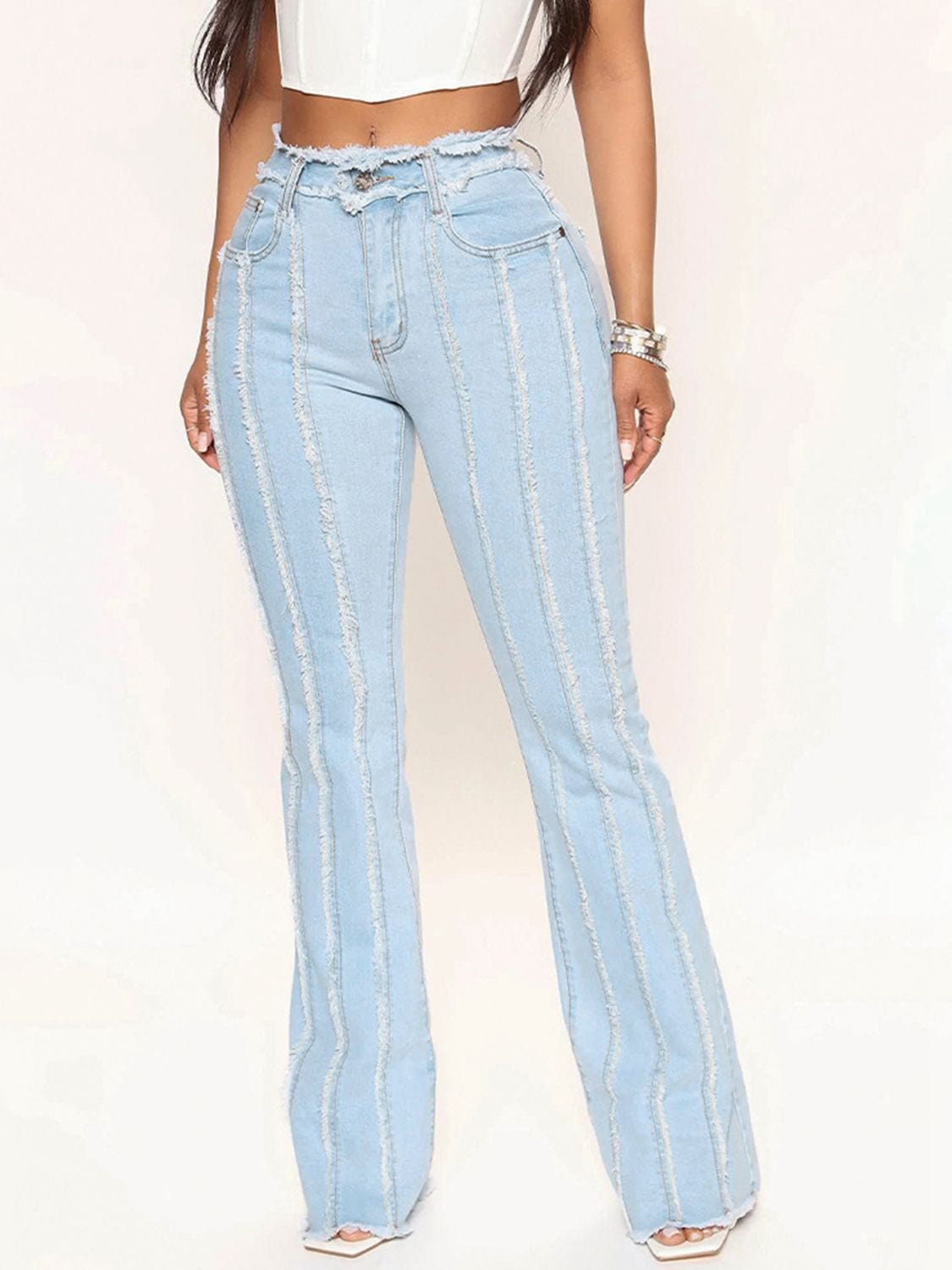 Striped Raw Hem Jeans - Body By J'ne