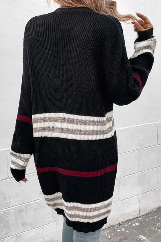 Striped Rib-Knit Drop Shoulder Open Front Cardigan - Body By J'ne