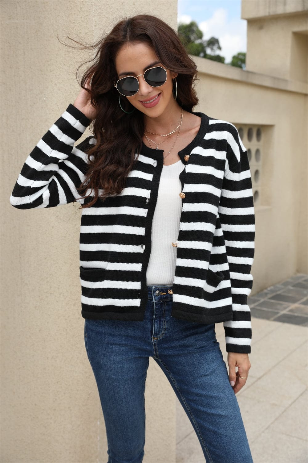 Striped Round Neck Button-Down Dropped Shoulder Cardigan - Body By J'ne