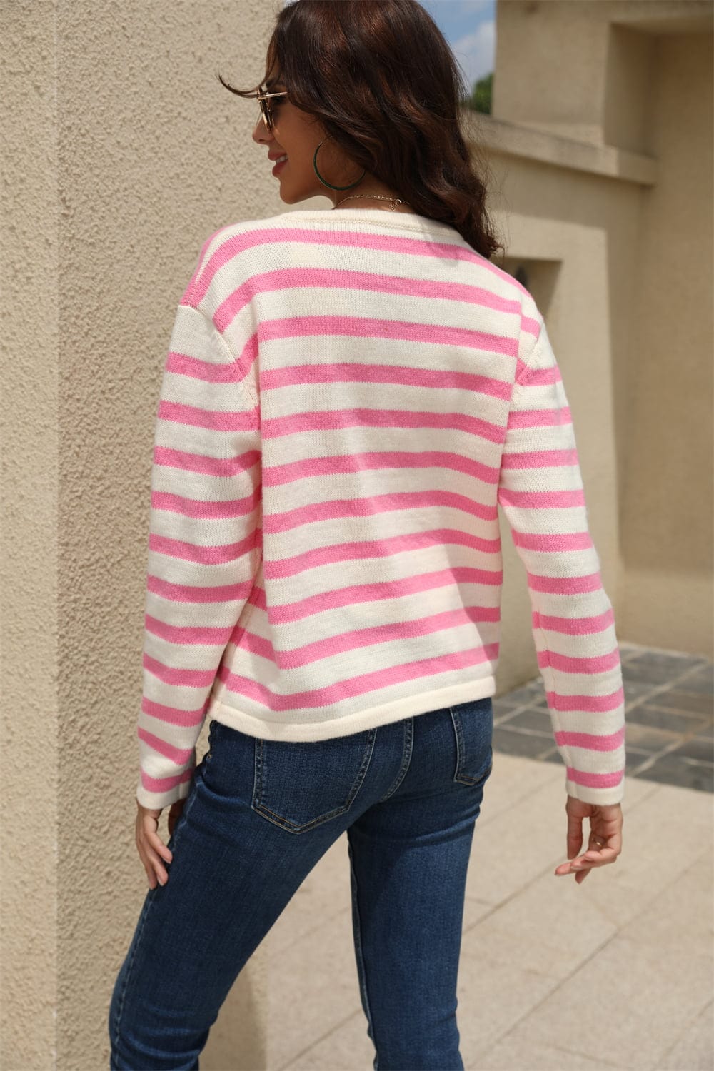 Striped Round Neck Button-Down Dropped Shoulder Cardigan - Body By J'ne