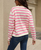 Striped Round Neck Button-Down Dropped Shoulder Cardigan - Body By J'ne