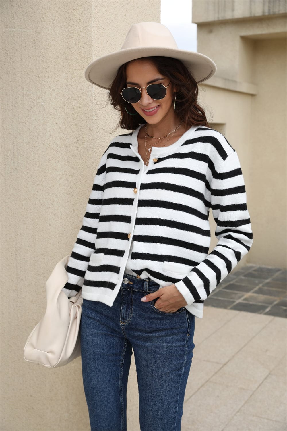 Striped Round Neck Button-Down Dropped Shoulder Cardigan - Body By J'ne