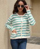 Striped Round Neck Button-Down Dropped Shoulder Cardigan - Body By J'ne