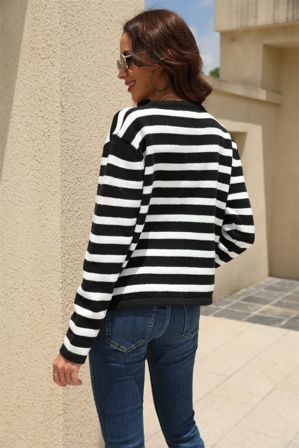 Striped Round Neck Button-Down Dropped Shoulder Cardigan - Body By J'ne