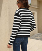 Striped Round Neck Button-Down Dropped Shoulder Cardigan - Body By J'ne