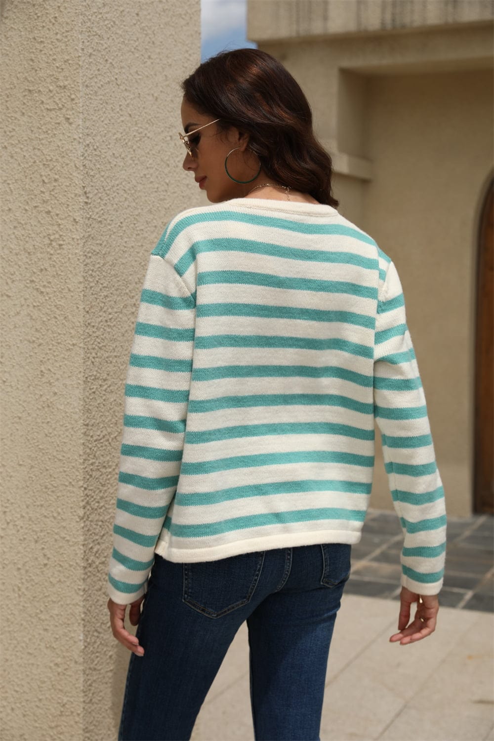 Striped Round Neck Button-Down Dropped Shoulder Cardigan - Body By J'ne