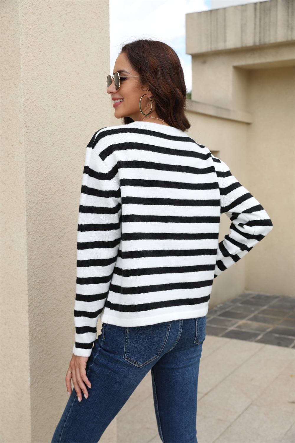 Striped Round Neck Button-Down Dropped Shoulder Cardigan - Body By J'ne