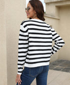 Striped Round Neck Button-Down Dropped Shoulder Cardigan - Body By J'ne