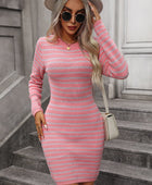 Striped Round Neck Sweater Dress - Body By J'ne