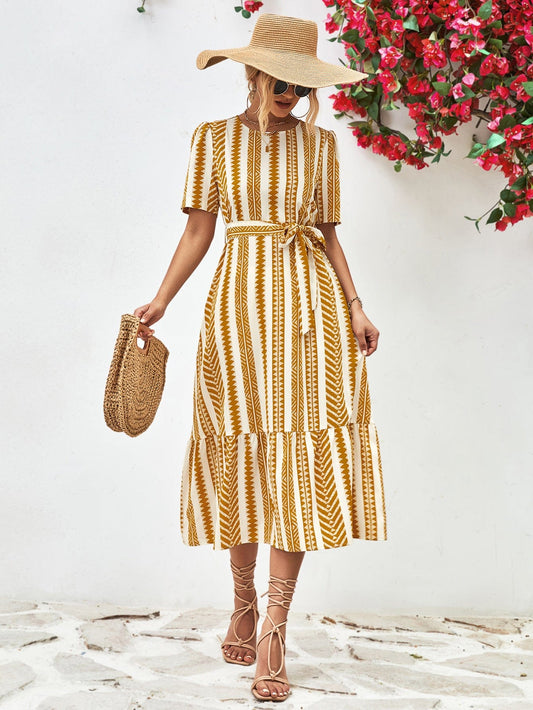 Striped Tie Belt Round Neck Puff Sleeve Dress - Body By J'ne