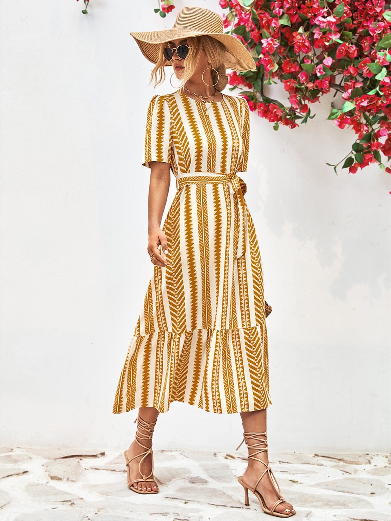 Striped Tie Belt Round Neck Puff Sleeve Dress - Body By J'ne