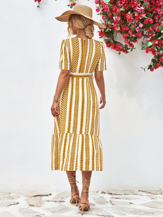 Striped Tie Belt Round Neck Puff Sleeve Dress - Body By J'ne